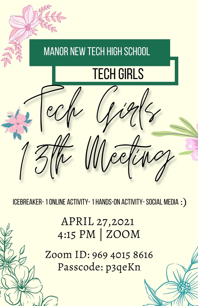 MNTHSTECHGIRLS's tweet photo. Join us today at 4:15pm for our 13th meeting since we had a social last meeting. https://t.co/4VSNGm4SbL