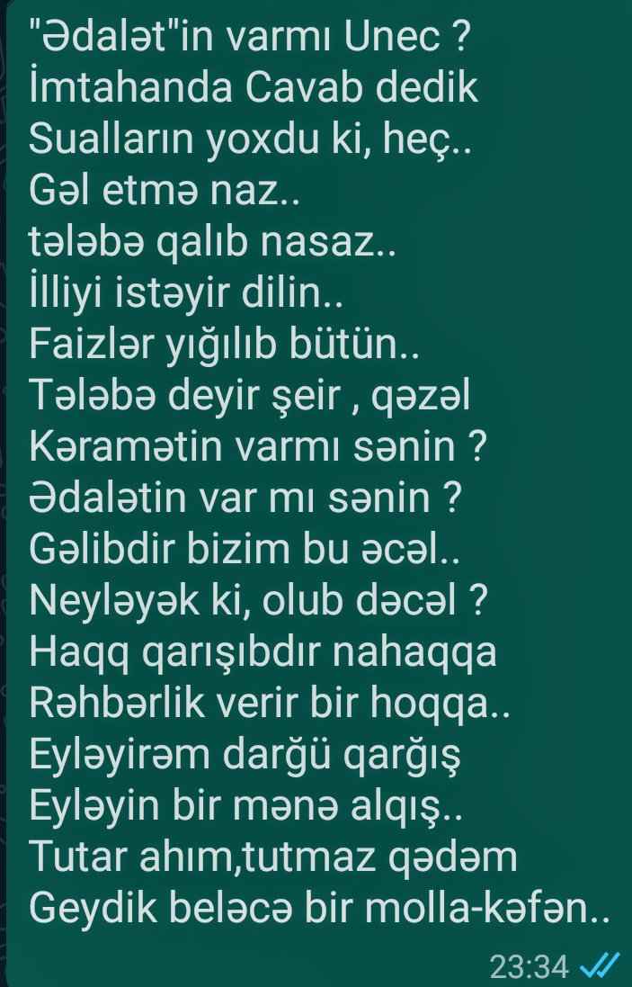 dedim bir qəzəl yazam:D
#tələbəyəƏdalət #unecsuallarverilsin 
#UNECbizik 
#unecsuallarıver 
#unecqərarlarıləğvet 
#unec 
#unecqərarlarıləğvet