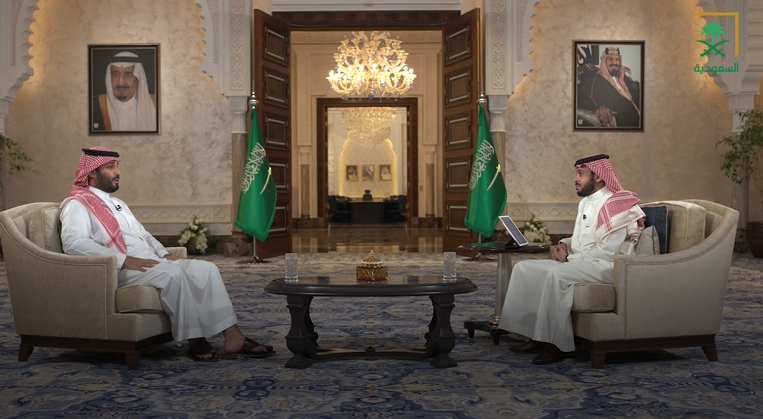 Saudi_Gazette's tweet photo. #PICTURE From Crown Prince Muhammad bin Salman interview 
#SaudiVision2030 https://t.co/eb847oMwW8