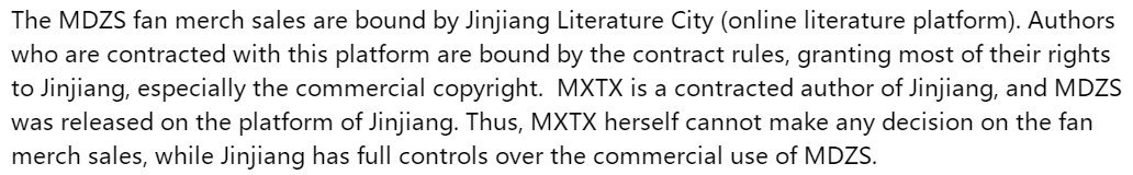 2/4Idk if TGCF/HOB is published under the same company or not, so whether this is true or not, I have yet to confirm, but will update this thread when I find out. However, this is in fact the case for MDZS. Again, this includes the live action series The Untamed/Chen Qing Ling.