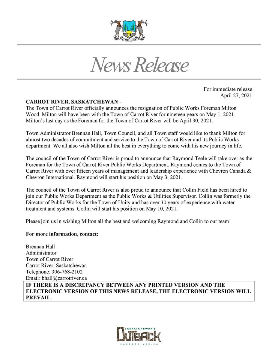 Please see the below news release regarding the Town of Carrot River's Public Works &amp; Utilities Department.
