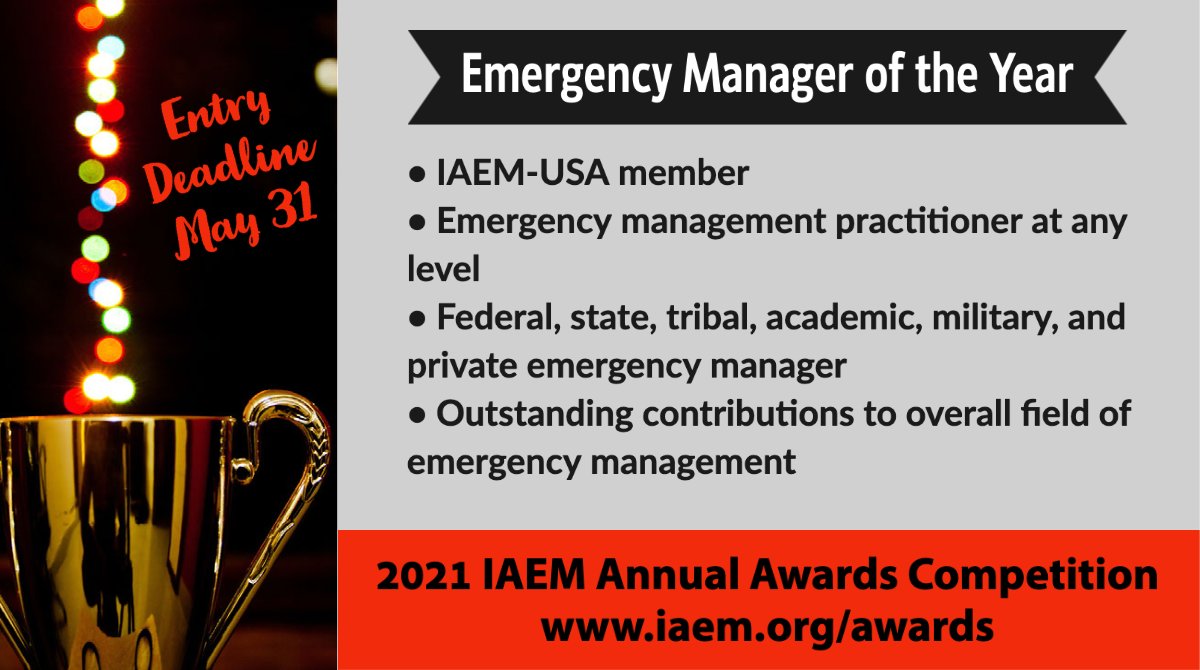 iaem's tweet photo. Who should #IAEM recognize as the Emergency Manager of the Year? Nominations are being accepted by May 31. The award recognizes an IAEM-USA member for outstanding contributions to the overall field of emergency management. https://t.co/DDrRqb1niT. #IAEMawards https://t.co/YsIb0DZfj7