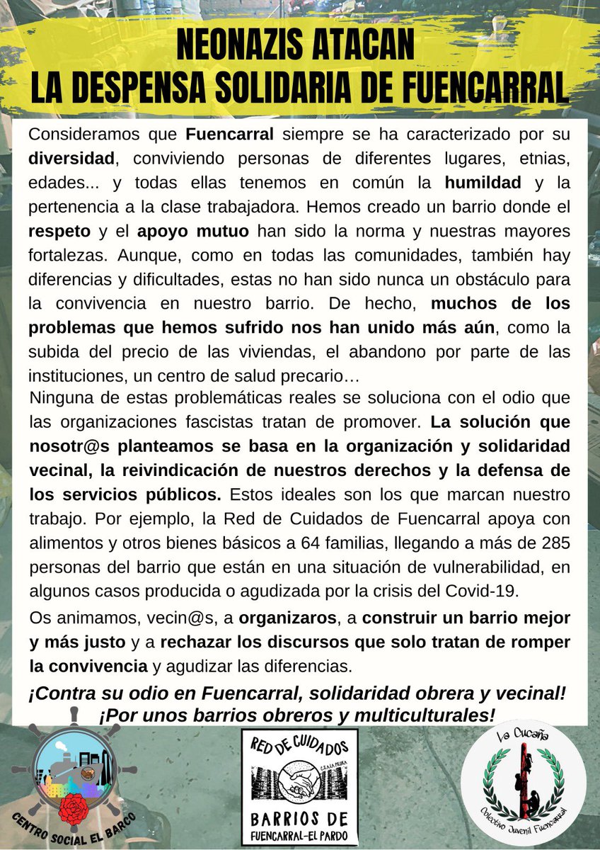 CsaBarco's tweet photo. Transmitimos nuestra máxima repulsa al ataque fascista recibido el pasado sábado 24 por parte de los neonazis de Bastión Frontal y a su presencia en el barrio.
¡ANTE EL FASCISMO, ORGANIZACIÓN VECINAL!
¡MADRID SERÁ LA TUMBA DEL FASCISMO! https://t.co/J1IJxQdjMf