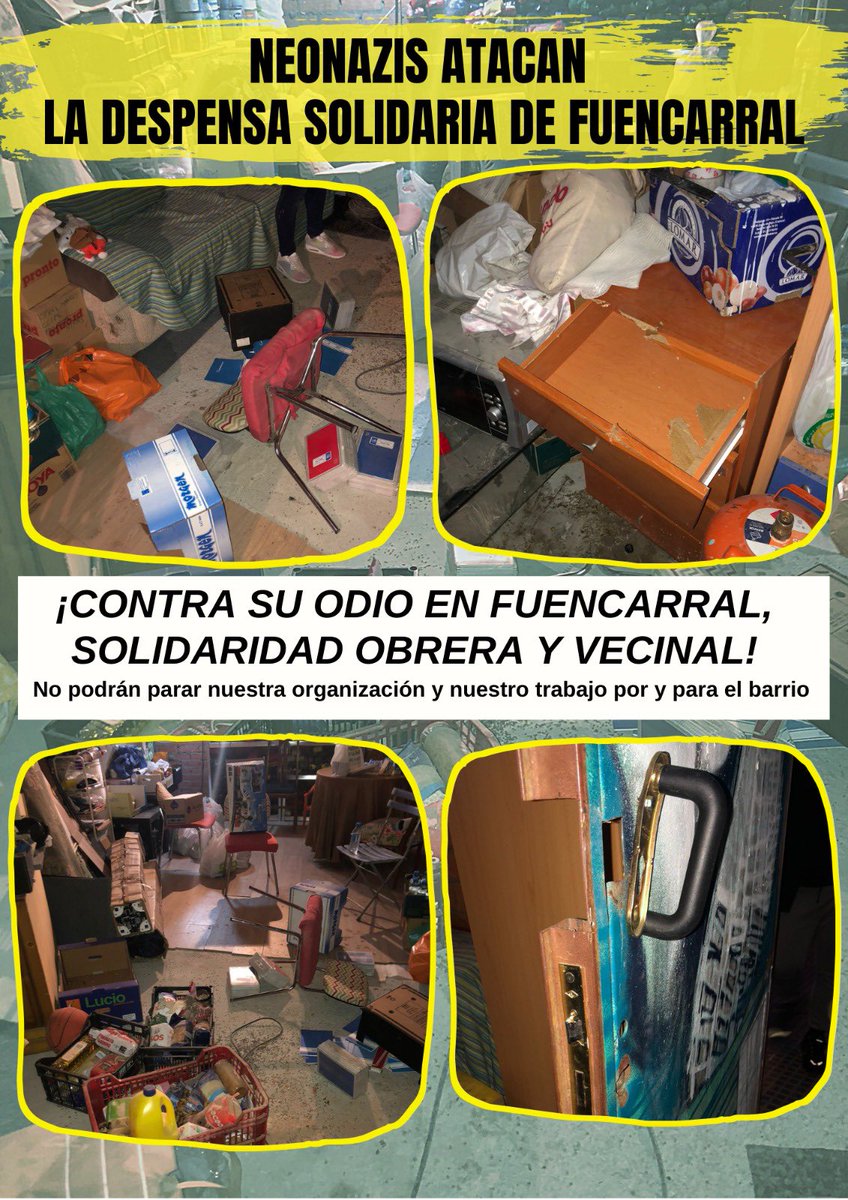 Transmitimos nuestra máxima repulsa al ataque fascista recibido el pasado sábado 24 por parte de los neonazis de Bastión Frontal y a su presencia en el barrio.
¡ANTE EL FASCISMO, ORGANIZACIÓN VECINAL!
¡MADRID SERÁ LA TUMBA DEL FASCISMO!