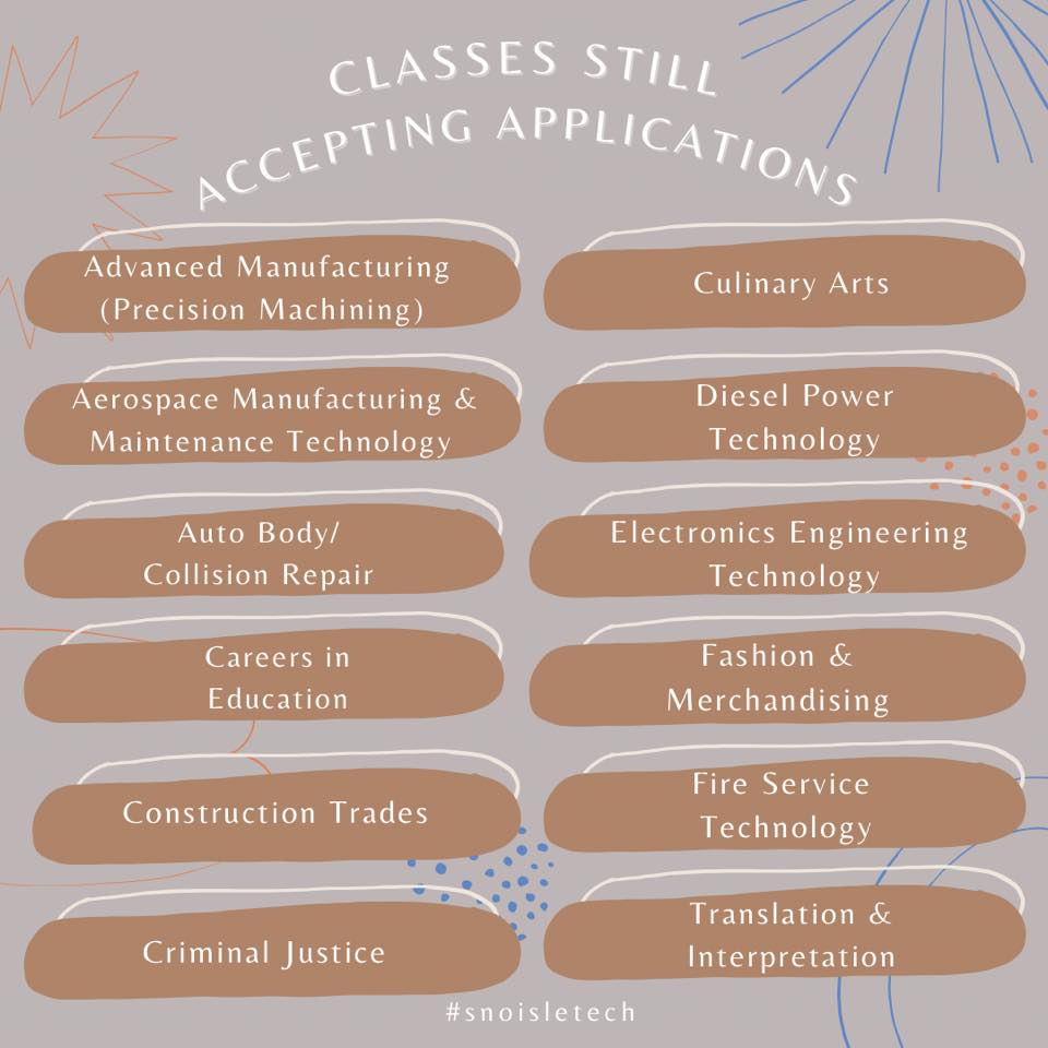 WE STILL HAVE AVAILABLE SPOTS!🚨
If you are interested in any of these programs, go to our website Snoisletech.com to apply now! 
If you are currently a wait list student, call the school at 425.348.2220 to schedule a second interview!
It’s not too late, apply today!