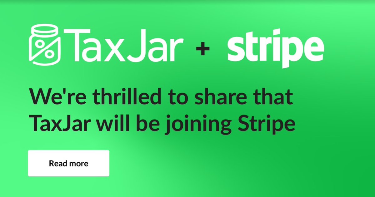 TaxJar removes barriers to compliance. <a href="/stripe/">Stripe</a> provides critical financial infrastructure for the internet. Together, we’ll work to power millions of businesses around the world. bit.ly/3nqbBZz