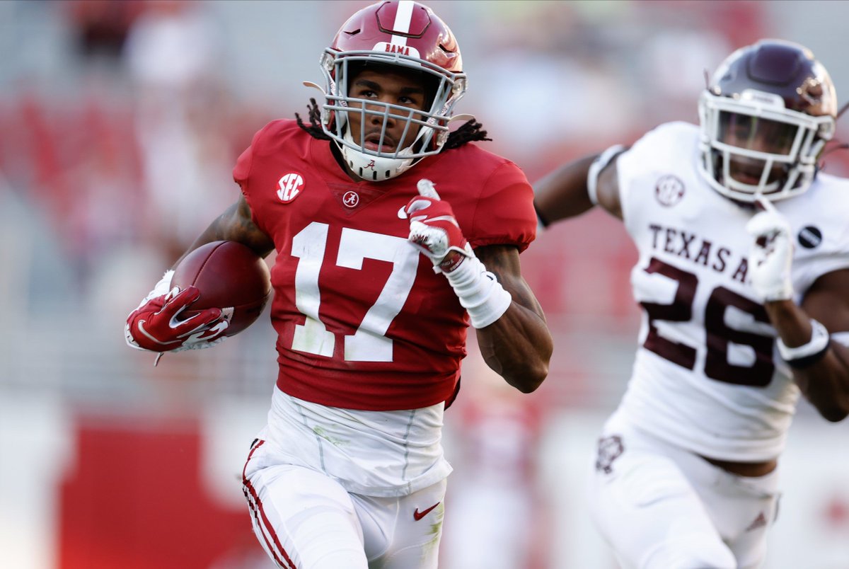 6. Miami Dolphins: Jaylen Waddle, WR,  #rolltide  Per  @RapSheet, the  #finsup have looked into trading back after their blockbuster deals (from 3 to 12 to 6) in March, but per  @NealDriscoll, “Waddle has the attention of everyone. The Dolphins love him for starters.” ...cont... 