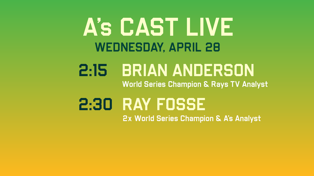 #AsCastLive will be streaming from 2-3pm w/ <a href="/townsendradio/">Chris Townsend</a> ahead of @athletics &amp; @raysbaseball

GUESTS:
@Raysbaseball Brian Anderson 2:15
<a href="/Athletics/">Athletics</a> Ray Fosse 2:30

athletics.com/AsCast 📻
