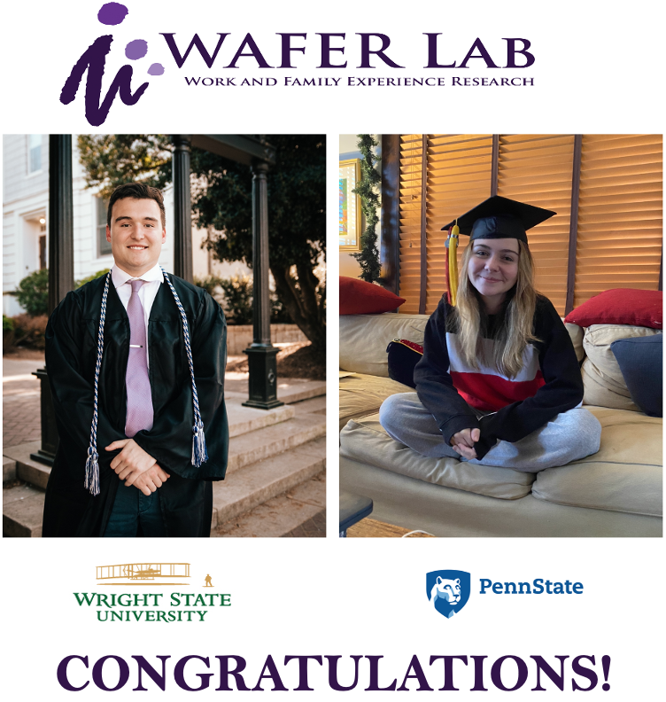 Congrats to undergraduate RA's, William Allen and Hannah Stockdale! 

Starting this fall, William will pursue a Doctorate in Clinical Psychology from Wright State University School of Professional Psychology and Hannah will attend Penn State University's I/O Ph.D program.