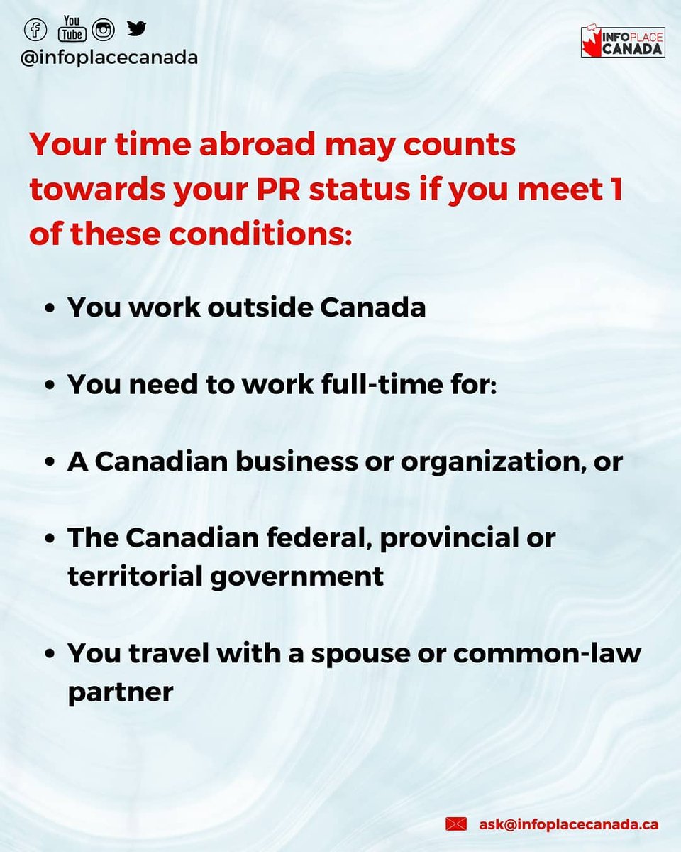 infoplacecanada's tweet photo. Remember you must be in Canada for at least 730 days (2yrs) during the last 5 years to keep PR status.
So what you do and who you travel with can determine if your time outside of Canada may count toward your permanent resident status.
#permanentresidency #temporaryworker https://t.co/Dh95F6aCt4