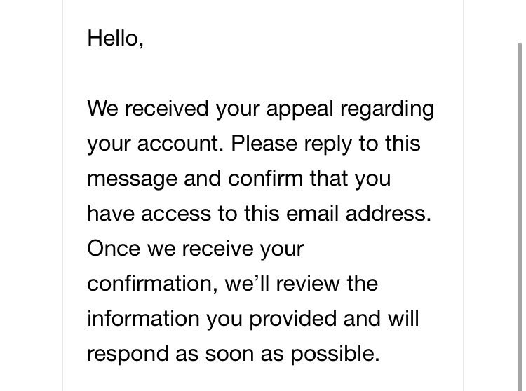 after you have appealed, wait a few minutes and you should get an email that looks like this. you need to reply to it.