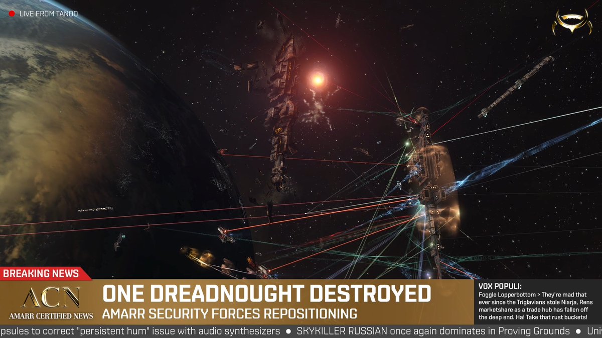 The fleet which launched an orbital strike on Tanoo II earlier today has been destroyed by Ammatar fleet forces aided by loyalist capsuleers. A spokesperson for the Minmatar Republic has strenuously denied responsibility for the attack. Amarr fleets remain on high alert.