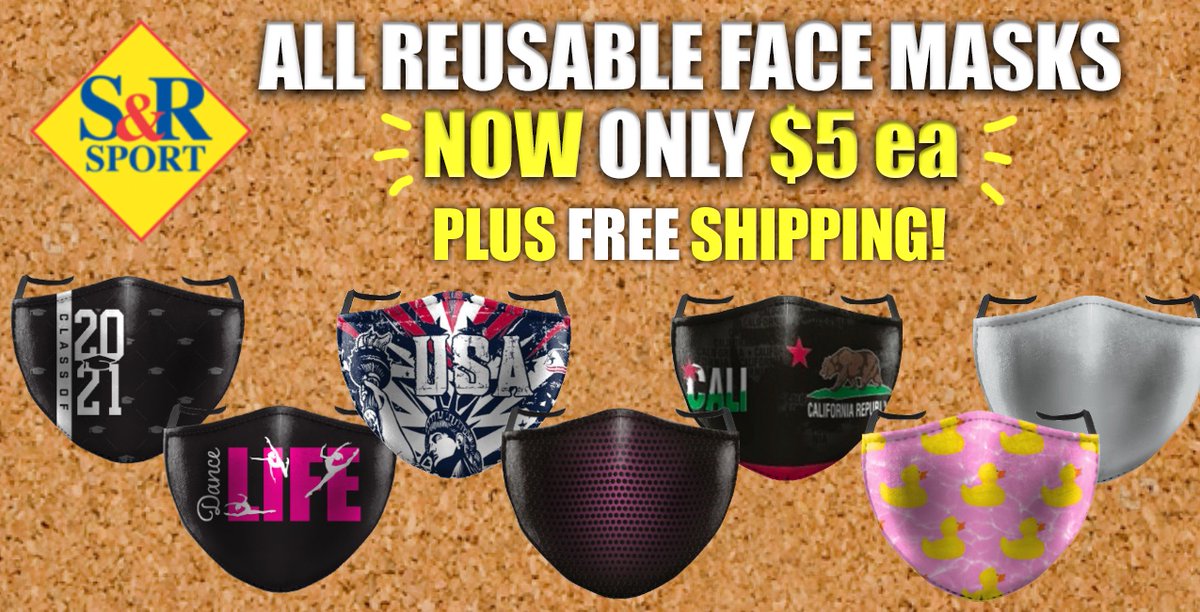 srsport.com now has reusable, washable face masks for only $5 each and FREE SHIPPING. Check out all the great designs today!