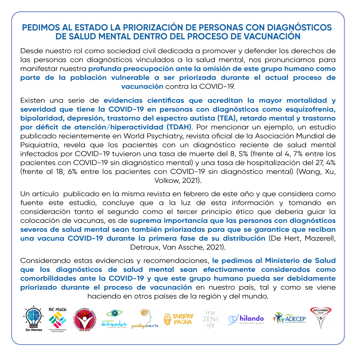 [🔉#Pronunciamiento] Desde nuestro rol como organizaciones de la sociedad civil, le pedimos con urgencia al Estado peruano la #priorización de personas con diagnósticos de #saludmental en el actual proceso de #vacunación. 

<a href="/Minsa_Peru/">Ministerio de Salud</a>