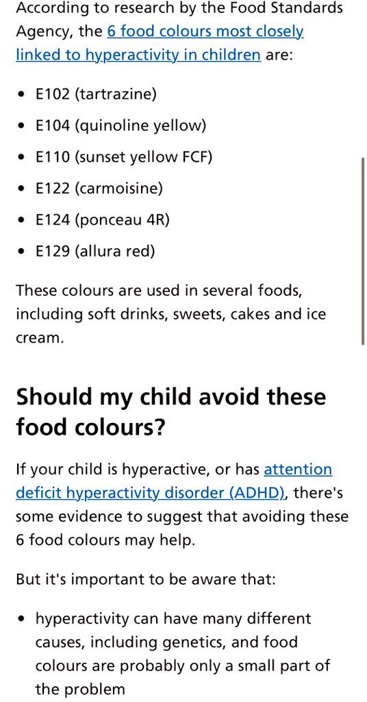 AFAIK it didn’t *cause* my  #ADHD, but while the NHS recommends avoiding foods containing  #e110  https://www.nhs.uk/conditions/food-colours-and-hyperactivity/ it’s an ingredient in generic pink supermarket Ibuprofen and half my prescription medication, including antibiotics.  https://e110free.tumblr.com/post/186409066498/medicine-uk-containing-e110