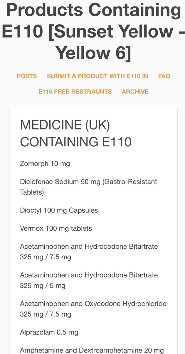 AFAIK it didn’t *cause* my  #ADHD, but while the NHS recommends avoiding foods containing  #e110  https://www.nhs.uk/conditions/food-colours-and-hyperactivity/ it’s an ingredient in generic pink supermarket Ibuprofen and half my prescription medication, including antibiotics.  https://e110free.tumblr.com/post/186409066498/medicine-uk-containing-e110