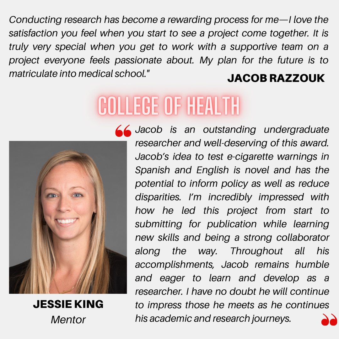 Jacob Razzouk, @UofU_HK senior, is this year's @UofUCoH Outstanding Undergrad Researcher! Thank you Dr. @Jess4817 for your kind mentorship! What an awesome way to celebrate the end of your undergrad, Jacob - we're so excited for all your future med school achievements to come🎉