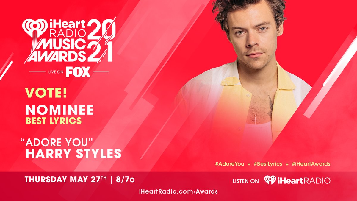 iHeartRadio's tweet photo. ✍️ @Harry_Styles ✍️

Vote using these hashtags: #AdoreYou #BestLyrics #iHeartAwards https://t.co/wDdXFBWFCp