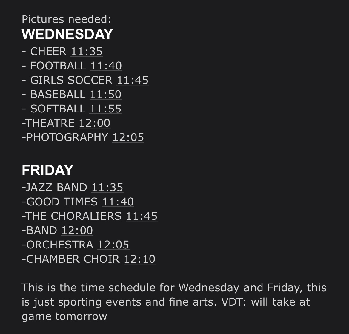 Broadcast is doing a senior segment for senior sports players and fine arts. Group photos that we have not already obtained are being taken on the following days and times this week!