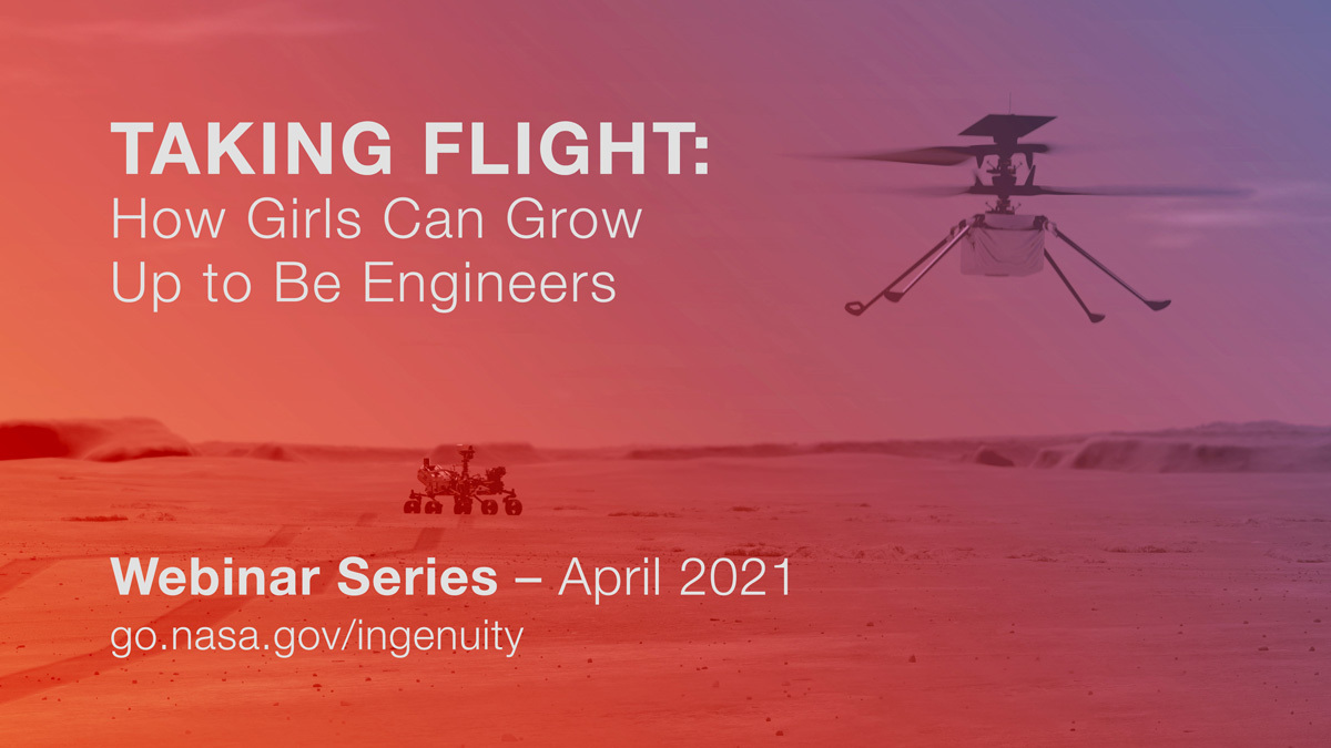 NASAJPL's tweet image. All are welcome at our “Taking Flight: How Girls Can Grow Up to Be Engineers” series. Meet women working on @NASA missions on Mars and beyond. They’ll answer questions and give you tips on getting your ideas off the ground.

Apr. 29, 1pm PT/4pm ET/2000 GMT
go.nasa.gov/WatchIngenuity