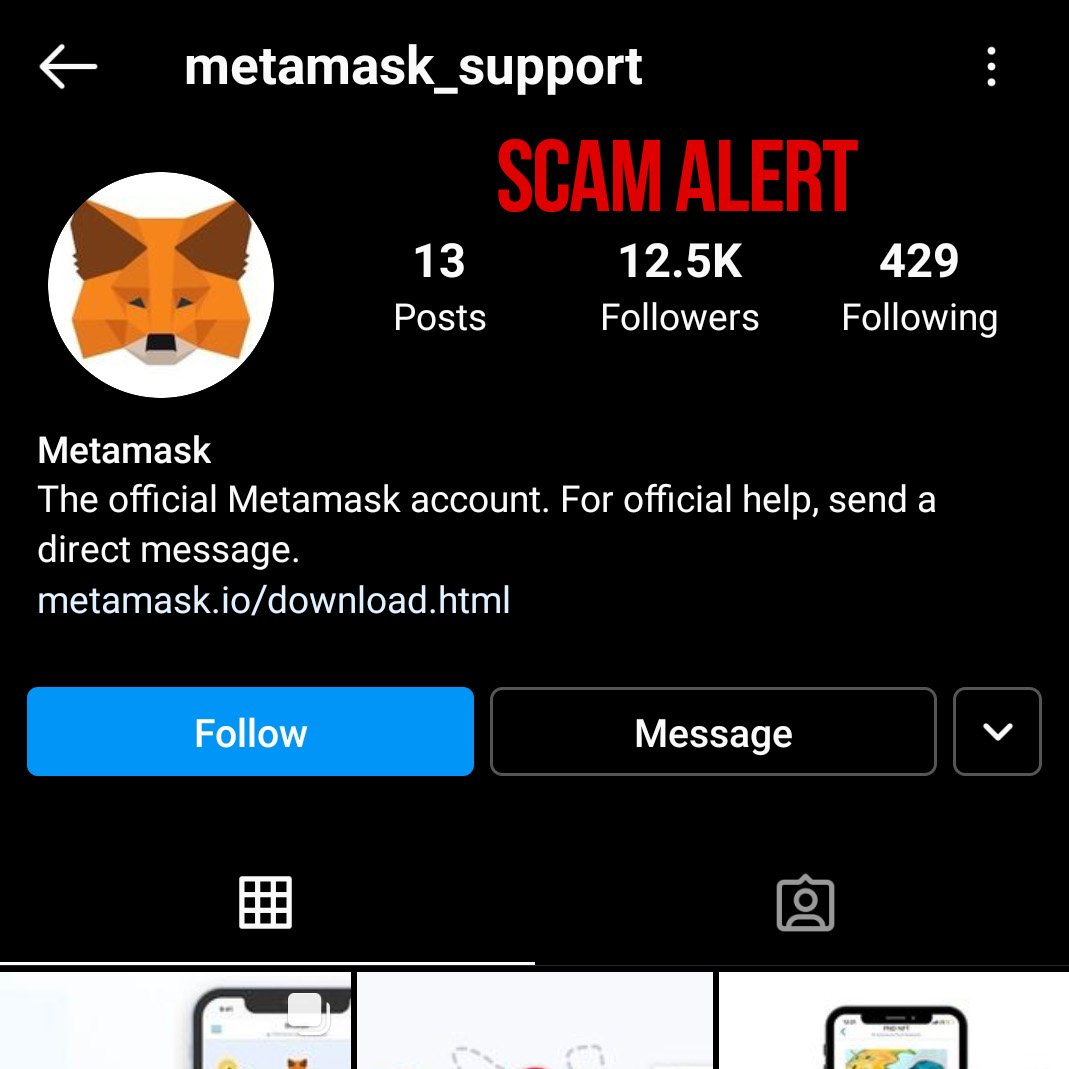 0xcryptovert's tweet photo. @MetaMask @alexandermazzei @GlassyMusic 
SCAM ALERT! RT THIS Please This fake Instagram account just scammed someone in our community who was brand new to the space. NEVER EVER EVER Give out your seed phrase for ANY REASON We must do better educating others!   #NFTCommunity https://t.co/ENIPoDfPgd