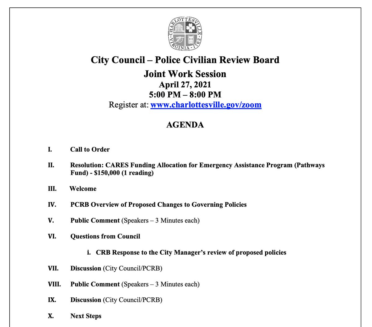 charlottesville city council is having a joint session with the police civilian review board this evening. the full agenda packet is online here:  https://www.facebook.com/profile.php?id=100007166076546&comment_id=Y29tbWVudDoxMDE1NTU5OTkxNzIwNDE2MV8xMDE1NTYwNjY1OTM2NDE2MQ%3D%3D