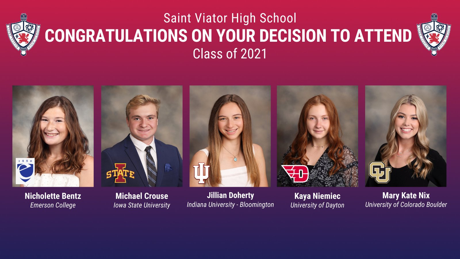 Saint Viator HS on Twitter: "Congratulations Nicholette, Michael, Jillian,  Kaya, and Mary Kate on your final college decisions! This group also came  to us from @sjs_bulldogs. We wish them well at @emersoncollege, @