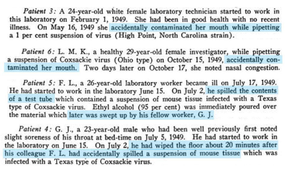 One event involved lab member FL who, ~2 weeks into the job, spilled a tube of virus. Another new lab member- GJ, also ~2 weeks into the job, helped them clean it up. Can you imagine? Both became infected. (The lack of privacy/reporting rules back then was shocking.)