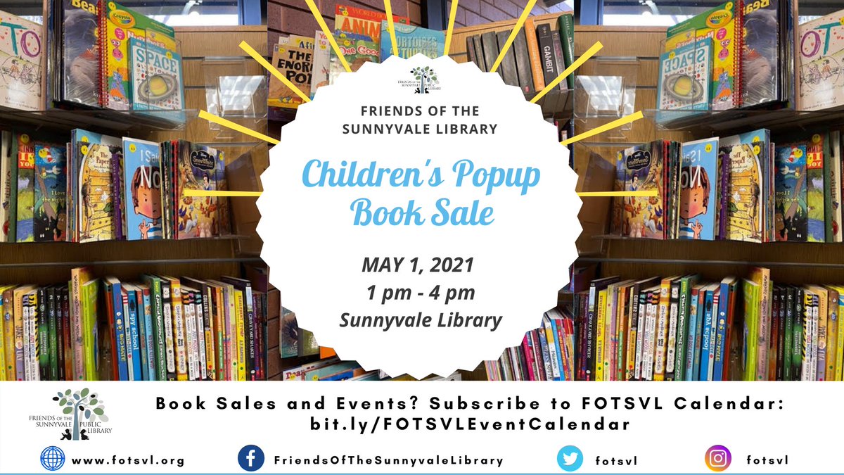Summer is around the corner! To celebrate, &amp; to help you (&amp; the #kids in your family) prepare, <a href="/Fotsvl/">FOTSVL (Friends of the Sunnyvale Library)</a> is hosting a special POPUP Children's Book Sale!
May 1, 1- 4pm. Details: bit.ly/3vv7Ipb

#book #booksale #children #event #Sunnyvale #library #FOTSVL #SiliconValley