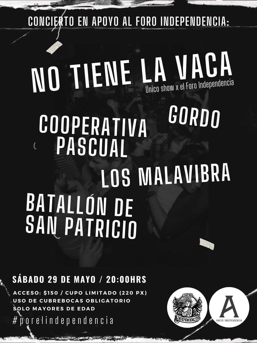 Como muchos de ustedes ya saben, el <a href="/foindependencia/">Foro Independencia</a> sufrió un robo el pasado 18 de Abril. 
Por esa razón muchas bandas, colectivos, artistas y sociedad civil, se han sumado para apoyarlos.
¡Checa los eventos que se realizarán en apoyo!
