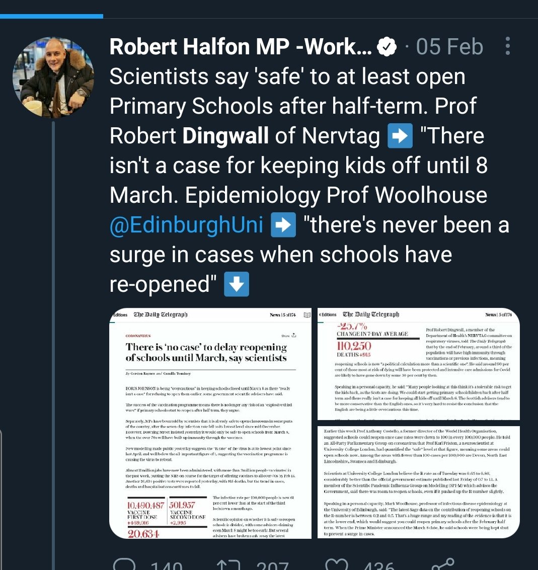 5/Here& #39;s the chair of the education select committee praising Dingwalls call to fully reopen schools without masks in early February this year.Have to also question Woodhouse considering school age students had the highest positivity of all ages in December.