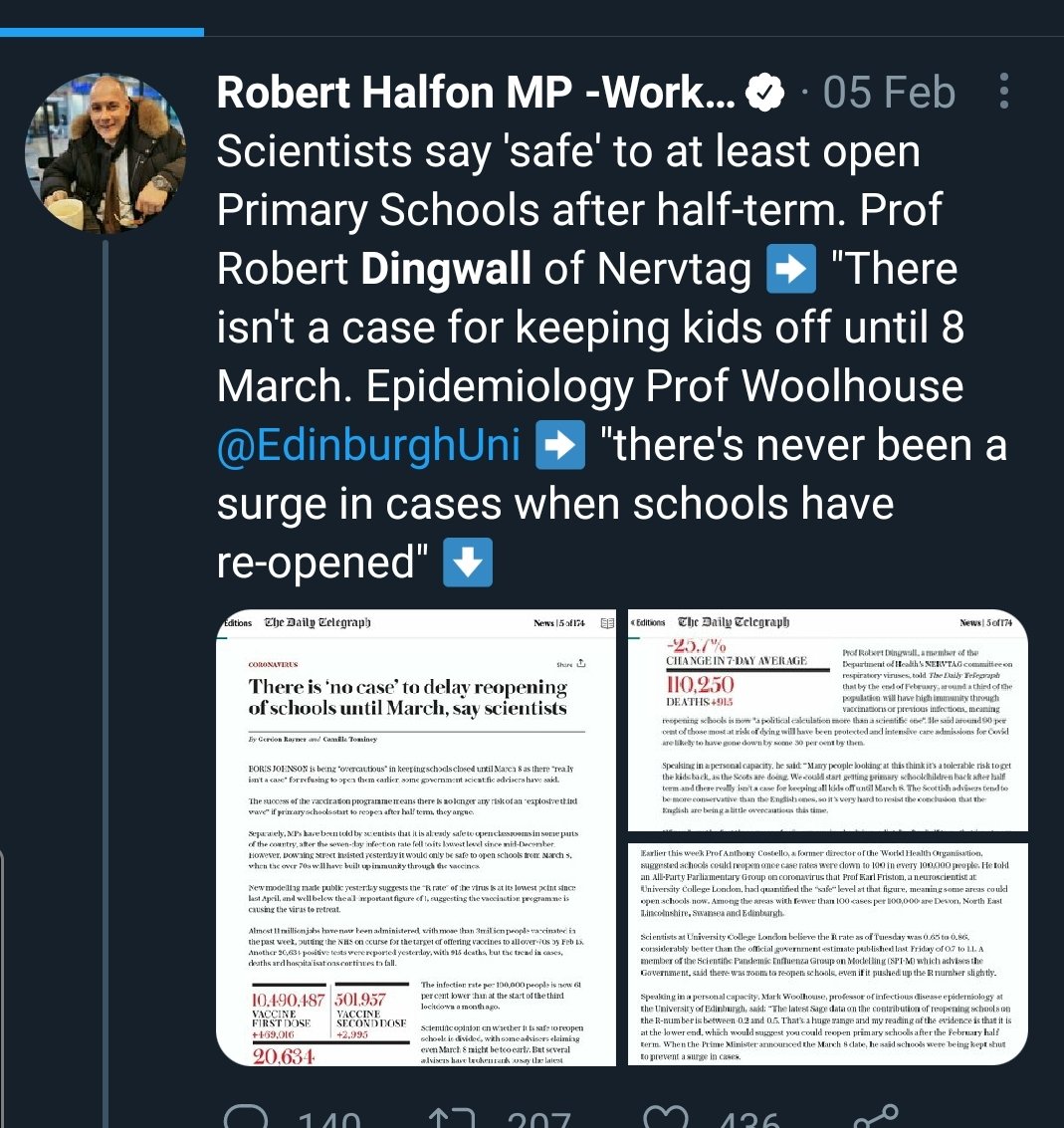 5/Here's the chair of the education select committee praising Dingwalls call to fully reopen schools without masks in early February this year.Have to also question Woodhouse considering school age students had the highest positivity of all ages in December.