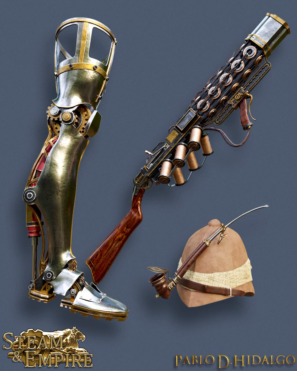 Pablohidalgoart's tweet photo. “I know a guy who can guide us through the wildlands, but please, don't ask about his new leg if you don't want him to be talking all the way about how awesome it is”

#steampunk #explorer #teslagun #coilgun #railgun #prosteticleg #clockwork #smokingpipe #3dmodeling #3dart https://t.co/nxjE6GFrx9