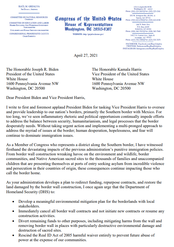 LaikenJordahl's tweet photo. Today @RepRaulGrijalva sent a letter urging @POTUS &amp; @VP to:

▪️ Immediately cancel all #BorderWall contracts
▪️ Develop a meaningful environmental mitigation plan
▪️ Divert wall funds to enviro restoration
▪️ Rescind Real ID Act waiver
▪️ Remove military from border communities https://t.co/siH8JLzlS6