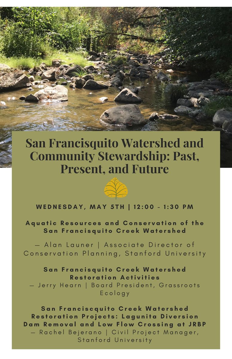 Stanford Conservation Program (@conservation_su) on Twitter photo We're hosting a panel on Wednesday, May 5th about the San Francisquito Watershed and Community Stewardship! Register for the event with the link below:
stanford.zoom.us/webinar/regist… We're hosting a panel on Wednesday, May 5th about the San Francisquito Watershed and Community Stewardship! Register for the event with the link below:
stanford.zoom.us/webinar/regist…