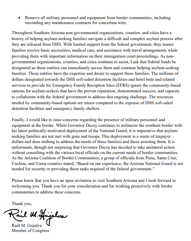 LaikenJordahl's tweet photo. Today @RepRaulGrijalva sent a letter urging @POTUS &amp; @VP to:

▪️ Immediately cancel all #BorderWall contracts
▪️ Develop a meaningful environmental mitigation plan
▪️ Divert wall funds to enviro restoration
▪️ Rescind Real ID Act waiver
▪️ Remove military from border communities https://t.co/siH8JLzlS6