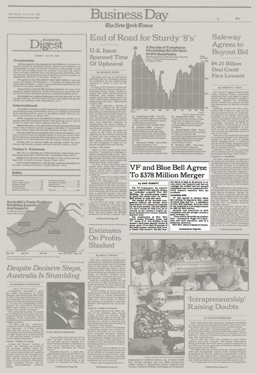 As Skip gains executive power, Newspapers start to report that “JanSport’s flavor is becoming mainstream”. Then, in 1986 (while Jan is giving birth to her third child), Skip sells entire ownership of the company to the VF Corp. when VF buys out their parent company, BlueBell (15/