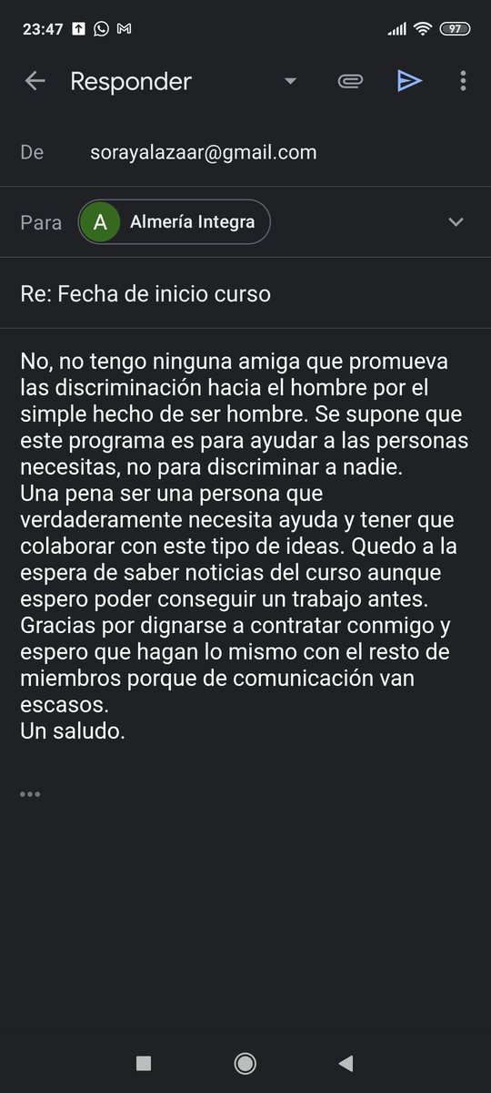 DarNightmare's tweet photo. Esta ha sido mi respuesta, no sé en qué afectará mi puesto en el curso pero claramente alguien tenía que decirlo y espero no ser la única que piense de esta forma. Los hombres no son el enemigo y las mujeres no necesitamos más ayuda por el hecho de ser mujeres. https://t.co/TENxhi4YFA
