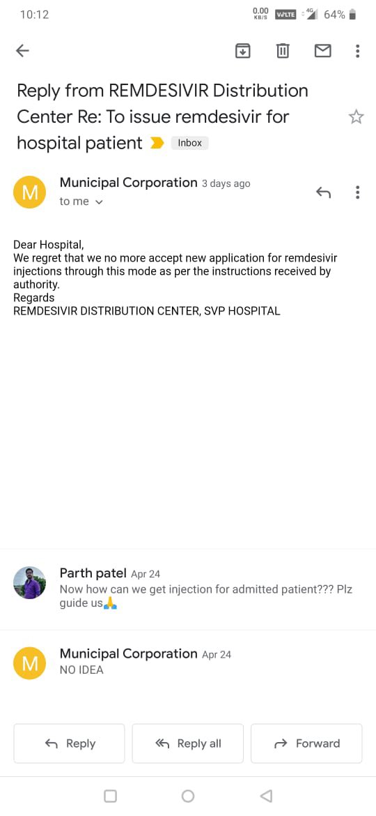 BeingIndian23's tweet photo. @TapanPa02759842 @AmdavadAMC @KiritParmarBJP @HiteshBarotBJP @drrajivguptaias @Mukeshias What about #remdesivirinjection 
Now even hospital don’t know how to get injection for admitted patient. AMC straight away denying and even very easily they are reply that they don’t know how to get. Very measurable situation made in ahmedabad by #AMC 

#AMC 
#Gujarathighcourt https://t.co/5KinhQwmiW
