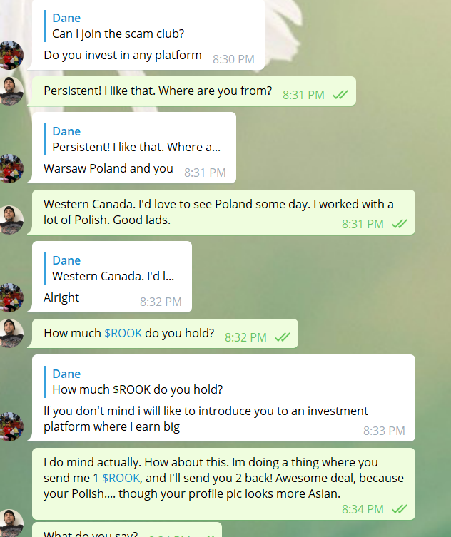 Gankalicous's tweet photo. Okay, I've got a new thing Im going to do. "Conversations with Scammers". #cryptpcurrencies $ROOK #scams #scammers #humour https://t.co/W8cvK3H0ol