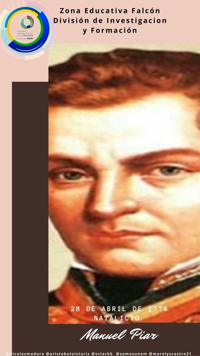 Manuel Carlos María Francisco Piar Gómez nació en , Curazao; 28 de abril de 1774 fue un militar venezolano de origen curazoleño, prócer de la Independencia de Venezuela.
.<a href="/NicolasMaduro/">Nicolás Maduro</a>
.@MPPEDUCACION
.<a href="/SomosUnem/">SOMOS UNEM</a>
.<a href="/MarelysCastro21/">Marelys Castro Rodríguez</a>
.<a href="/Vclarkb/">Víctor Clark Boscán</a>
.@psuvaristobulo