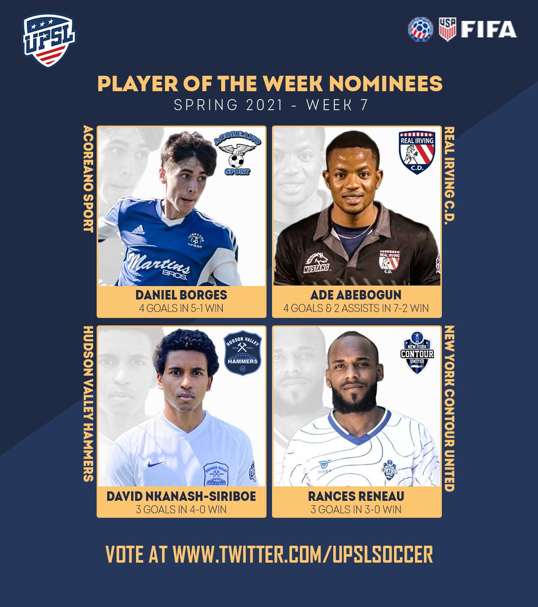UPSLsoccer's tweet photo. 1. Daniel Borjes (@AcoreanoSport) - 4 goals in 5-1 win.
2. Ade Abebogun (#RealIrvingCD) - 4 goals & 2 assists in 7-2 win.
3. David Nkanash-Siriboe (@hvhammers) - 3 goals in 4-0 win.
4. Rances Reneau (@NYContourUnited) - 3 goals in 3-0 win.
#UPSLPOTW https://t.co/qy7So6l8mx
