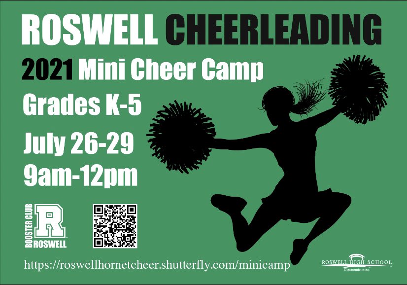 Planning your summer? You need mini camp on your calendar! Join the Roswell cheerleaders for some cheers, dances, crafts, and more! 🎉💚 Sign up today! roswellhornetcheer.shutterfly.com/minicamp