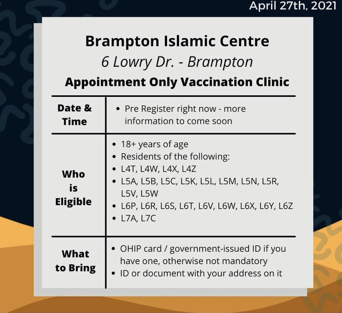 We are also launching 18+ Community and Mobile Pop-Up clinics across Peel. Starting April 30 to May 11, residents 18+ within hot spot postal codes will be able to get the vaccine at these Peel Vaxx Pop Ups:  Brampton Islamic Centre  MAC Islamic Community Centre5/6