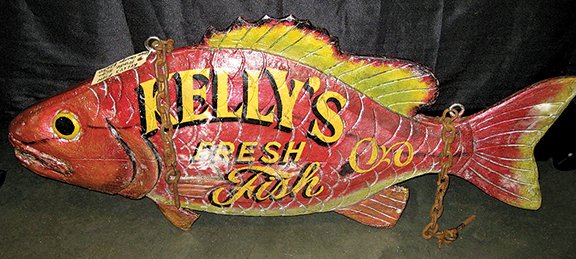 Seen at the Nashville Show: Lee Merrick Antiques, Chicago, Illinois, prides itself on “unique finds,” such as this bright red trade sign for “Kelly’s Fresh Fish,” ready to grill for $2650 maineantiquedigest.com/stories/dealer… #antiques #antique #art #artist #Americana #fish #trade #sign