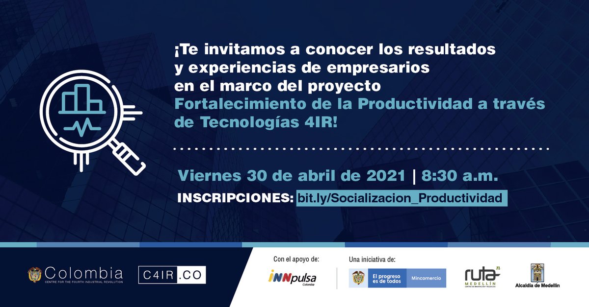 C4IRColombia's tweet photo. Acompáñanos este 30 de abril a las 8:30 a. m. en el evento de cierre del proyecto 'Fortalecimiento de la productividad a través de #tecnologías #4RI' que desarrollamos junto con @InnpulsaCol.

Inscripciones 👉🏽https://t.co/sIHFso8Tnq https://t.co/nJizHtYFLp