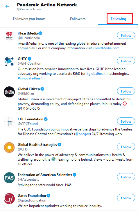 First follows chosen by  #Pandemic Action Network Twitter account include members:1.  #Gates Foundation2. Federation of American  #Scientists3. Global Health Strategies4.  #CDC Foundation5.  #GlobalCitizen 6.  #GHTC7. iHeartMedia -  #media &  #entertainment  #PandemicPlaybook