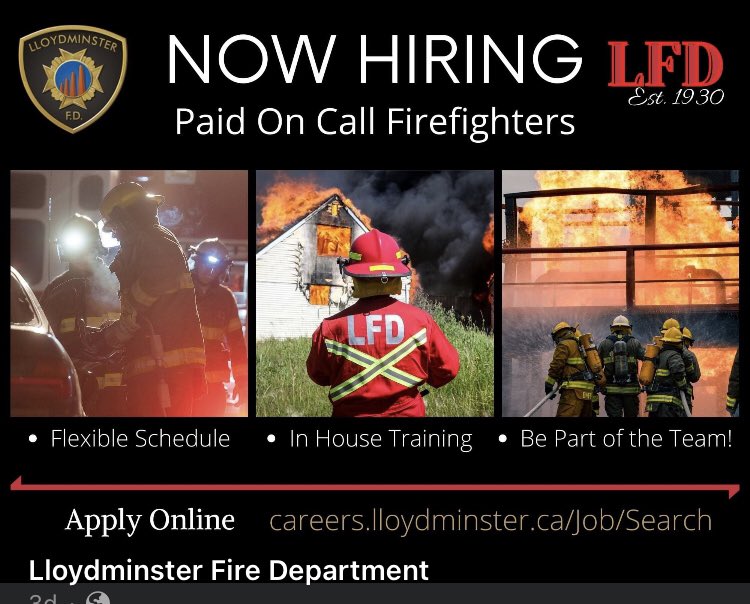 The Lloydminster Fire Department hiring Paid On Call/ Part-time Firefighters to join our progressive and professional team. #fiirefighterrecruitment 
For more details - Direct link below 
careers.lloydminster.ca/Job/Search 
Closing Date is May 9, 2021.