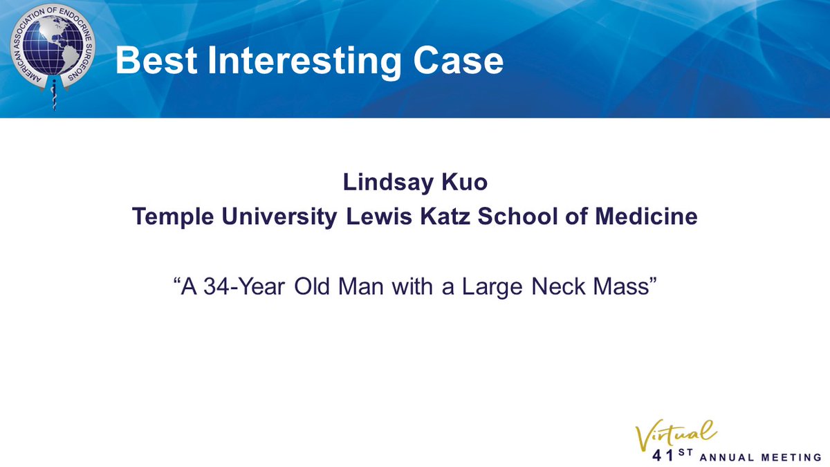 American Association of Endocrine Surgeons (@theaaes) on Twitter photo Congratulations to the #AAES2021 Best Interesting Case Winner:
Lindsay Kuo with Temple University Lewis Katz School of Medicine <a href="/lindsaykuo/">Lindsay Kuo, MD MBA FACS</a> <a href="/TempleSurgery/">TUHS Dept of Surgery</a>
Please give her a round of applause! šš Congratulations to the #AAES2021 Best Interesting Case Winner:
Lindsay Kuo with Temple University Lewis Katz School of Medicine <a href="/lindsaykuo/">Lindsay Kuo, MD MBA FACS</a> <a href="/TempleSurgery/">TUHS Dept of Surgery</a>
Please give her a round of applause! šš