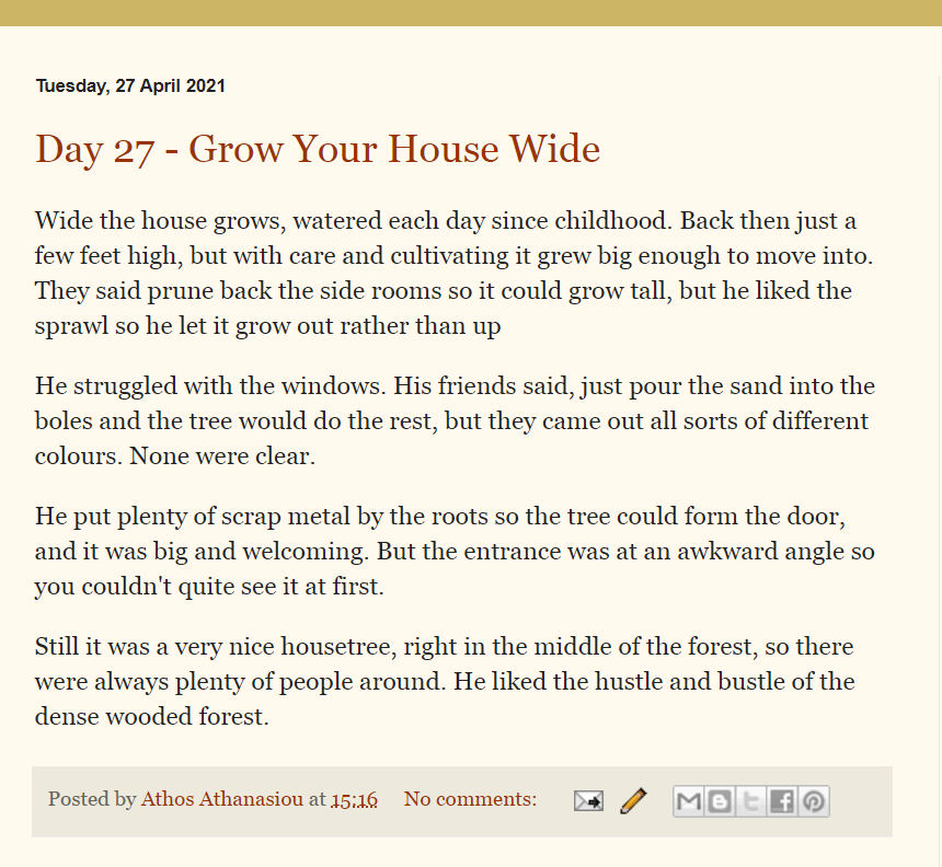 Grow your house wide. Accept your flaws. This poem may grow and develop like the tree in it. 
#Poem 27 of 30 #NaPoWriMo2021 
athspoemaday.blogspot.com/2021/04/day-27…